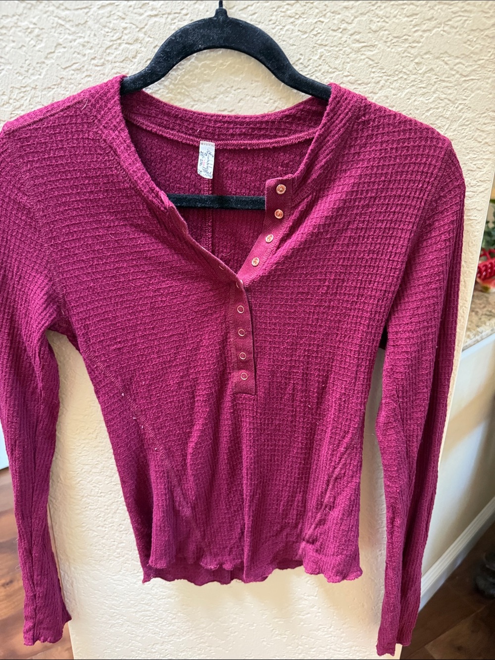 Free People Raspberry Waffle Henley Long Sleeve Top